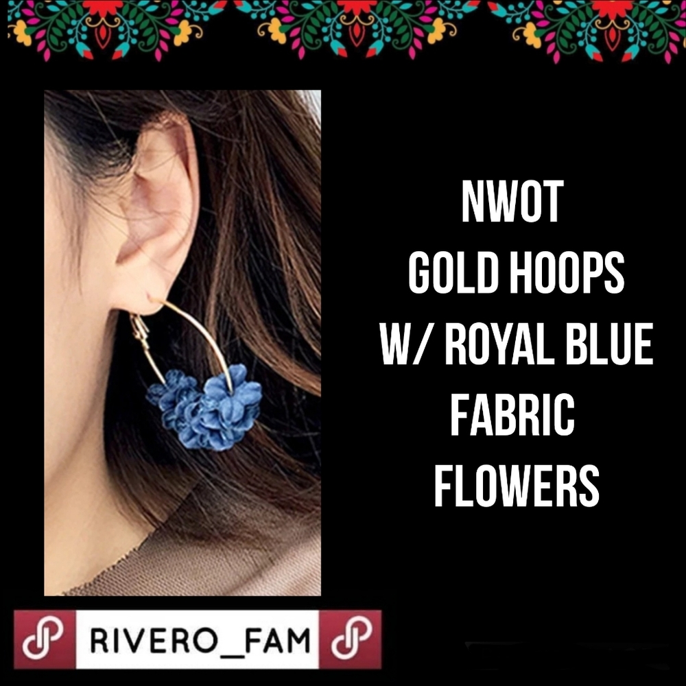 NWOT | GOLD HOOPS W/ ROYAL BLUE FABRIC FLOWERS